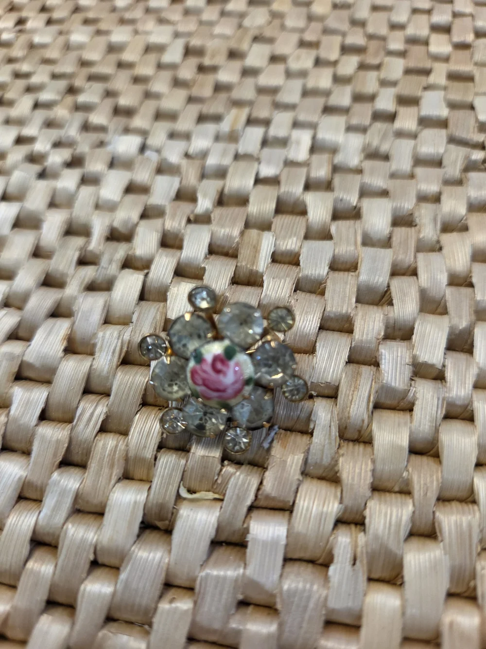 Gold-Tone Floral Crystal Brooch with Pink Rose Center